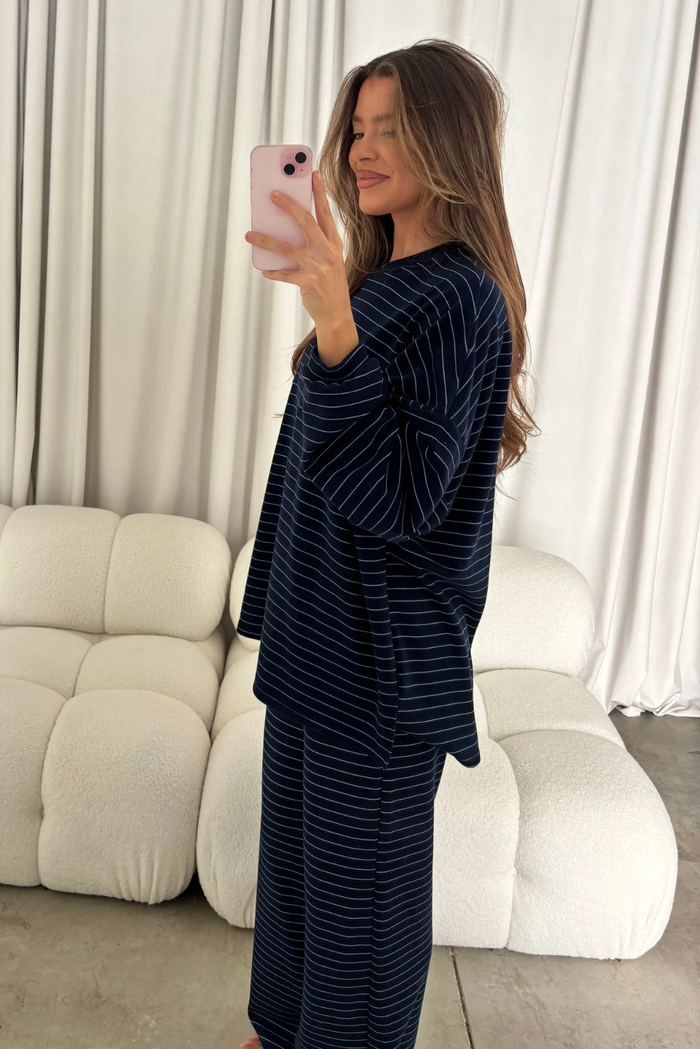 Naomi Thin Striped Fleece Oversized Long Sleeve Top in Navy - Bump Friendly