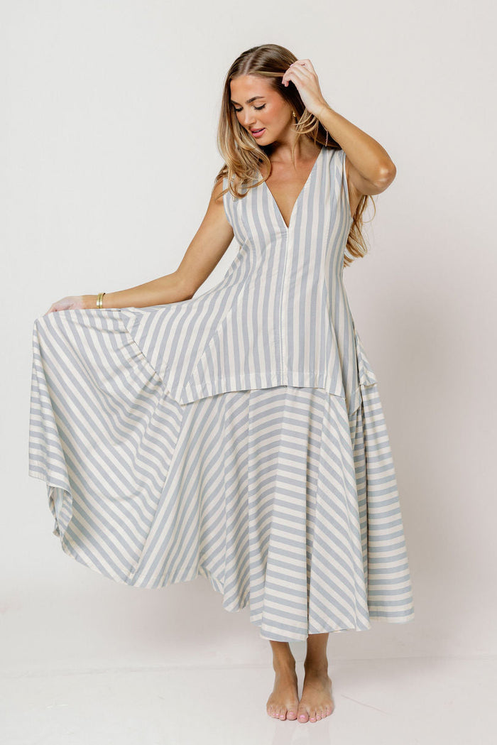 Nataliya Structured Striped Maxi Dress in Dusty Blue