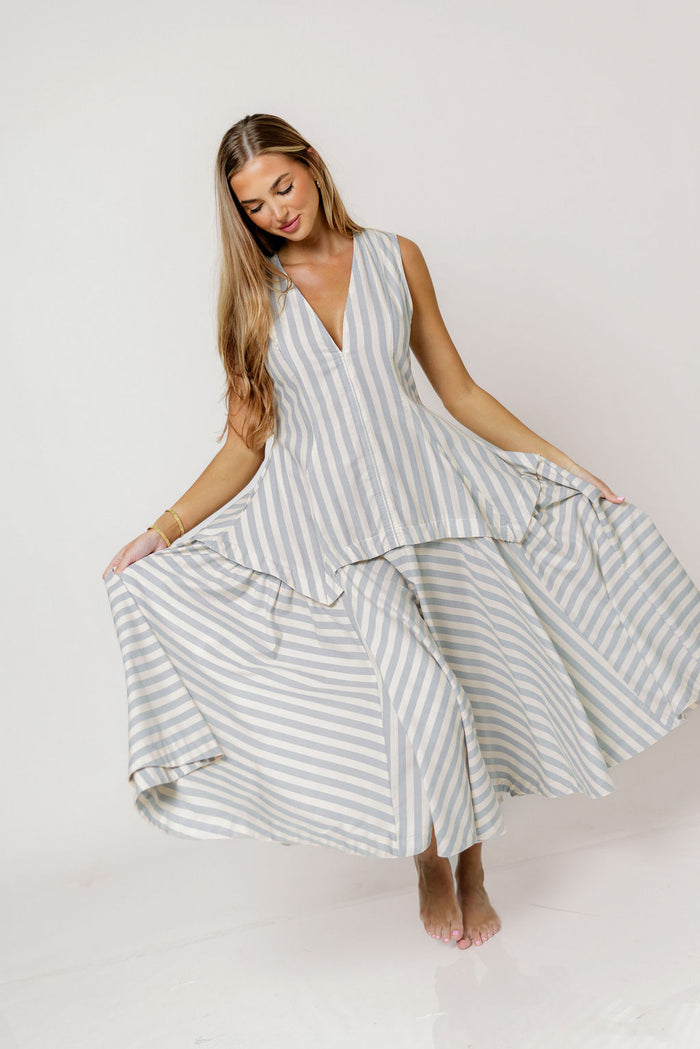Nataliya Structured Striped Maxi Dress in Dusty Blue
