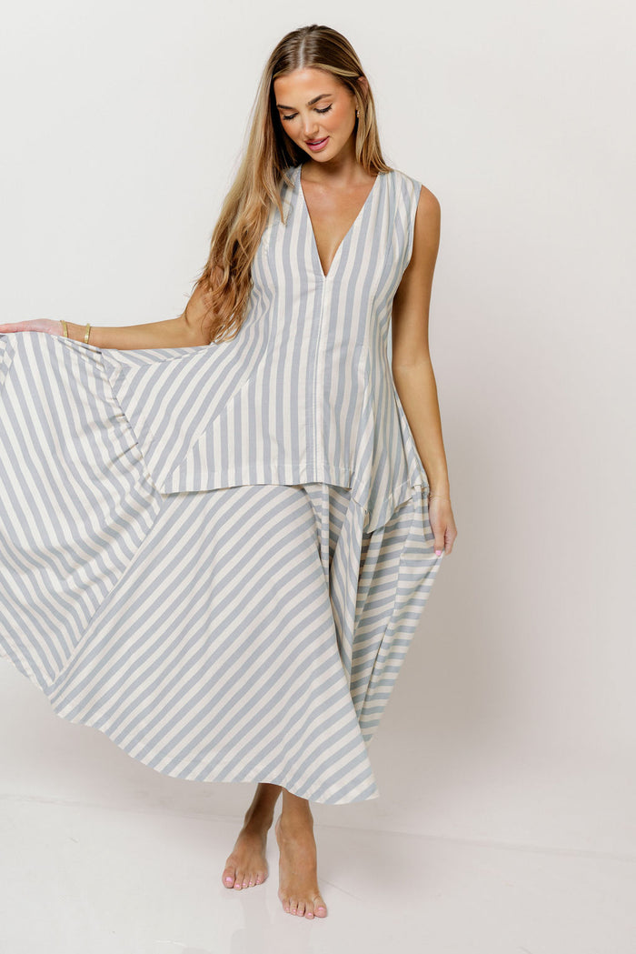 Nataliya Structured Striped Maxi Dress in Dusty Blue