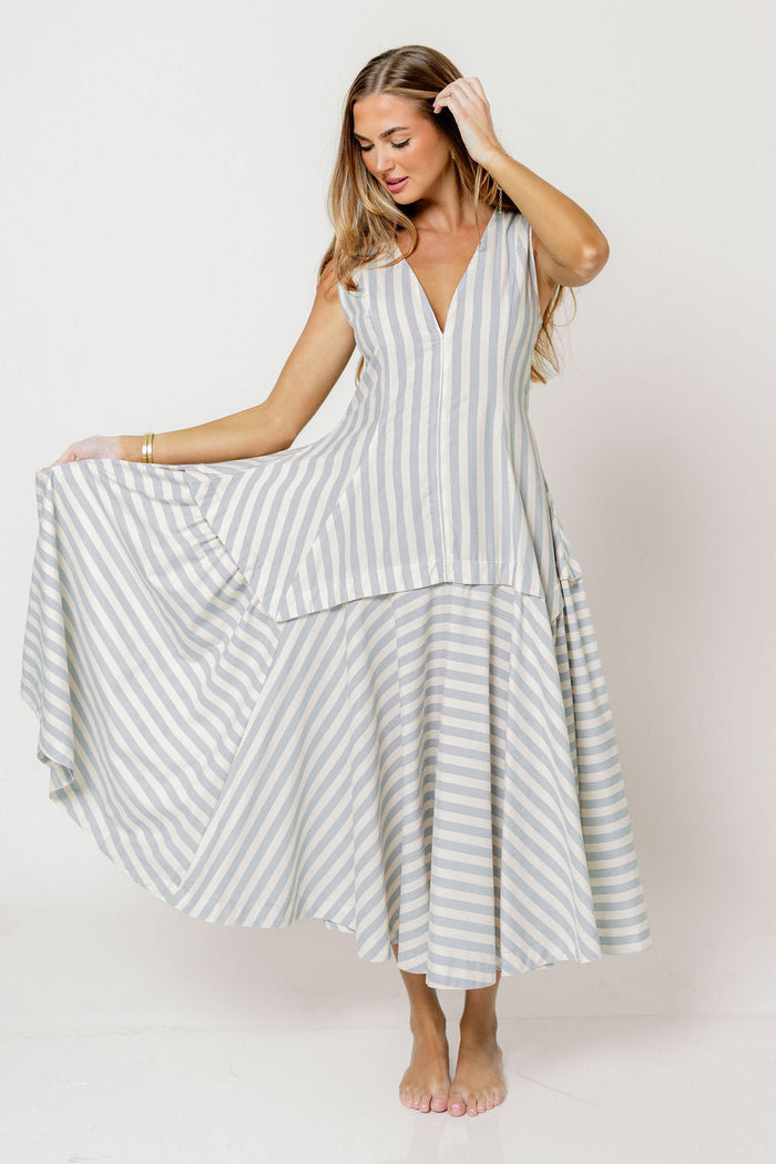 Nataliya Structured Striped Maxi Dress in Dusty Blue
