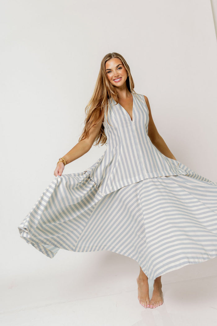 Nataliya Structured Striped Maxi Dress in Dusty Blue