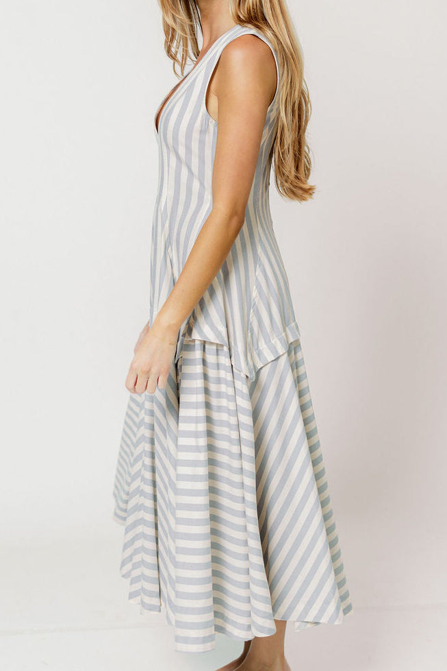 Nataliya Structured Striped Maxi Dress in Dusty Blue