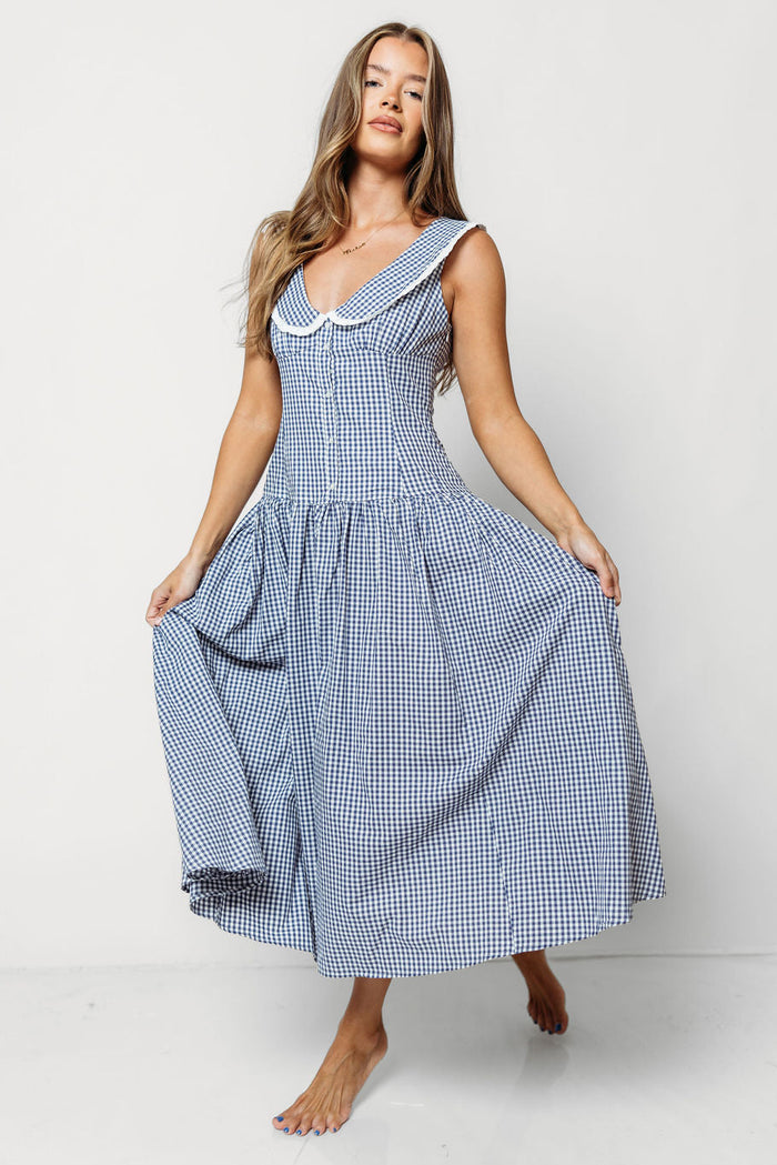 Noella 100% Cotton Midi Dress with Peter Pan Collar in Blue Gingham