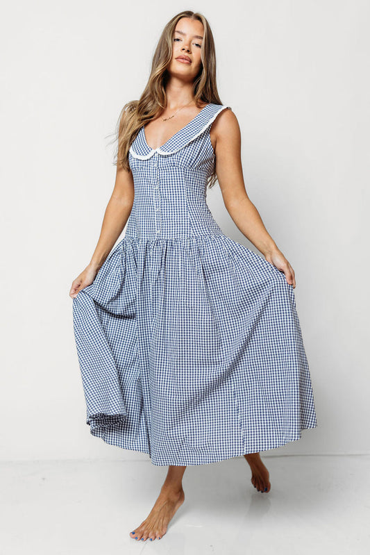 Noella 100% Cotton Midi Dress with Peter Pan Collar in Blue Gingham