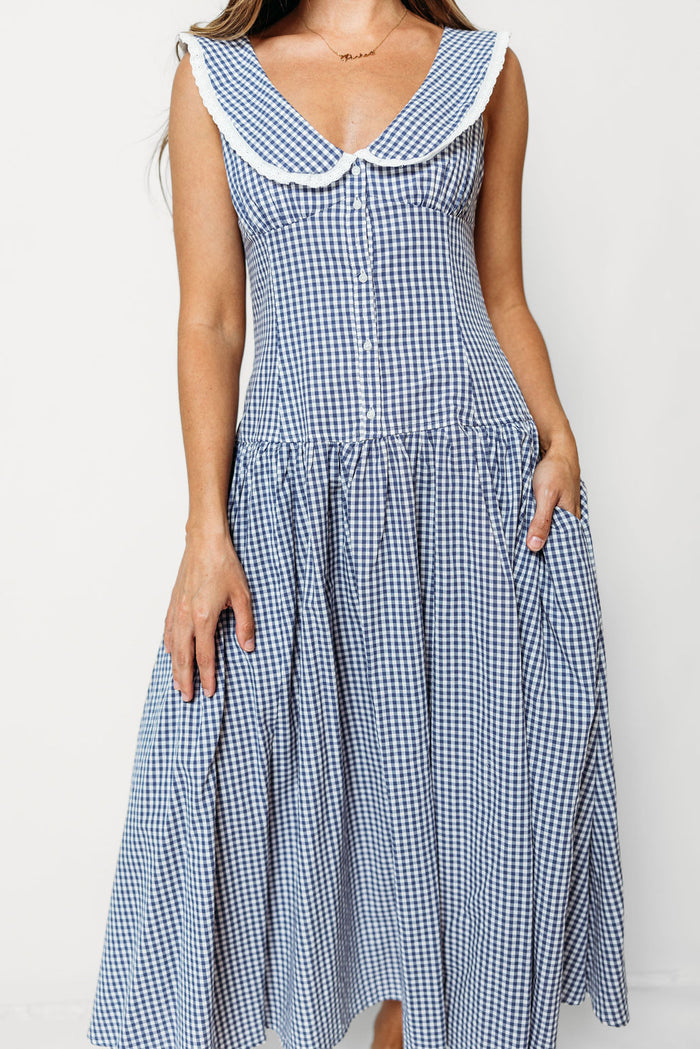 Noella 100% Cotton Midi Dress with Peter Pan Collar in Blue Gingham