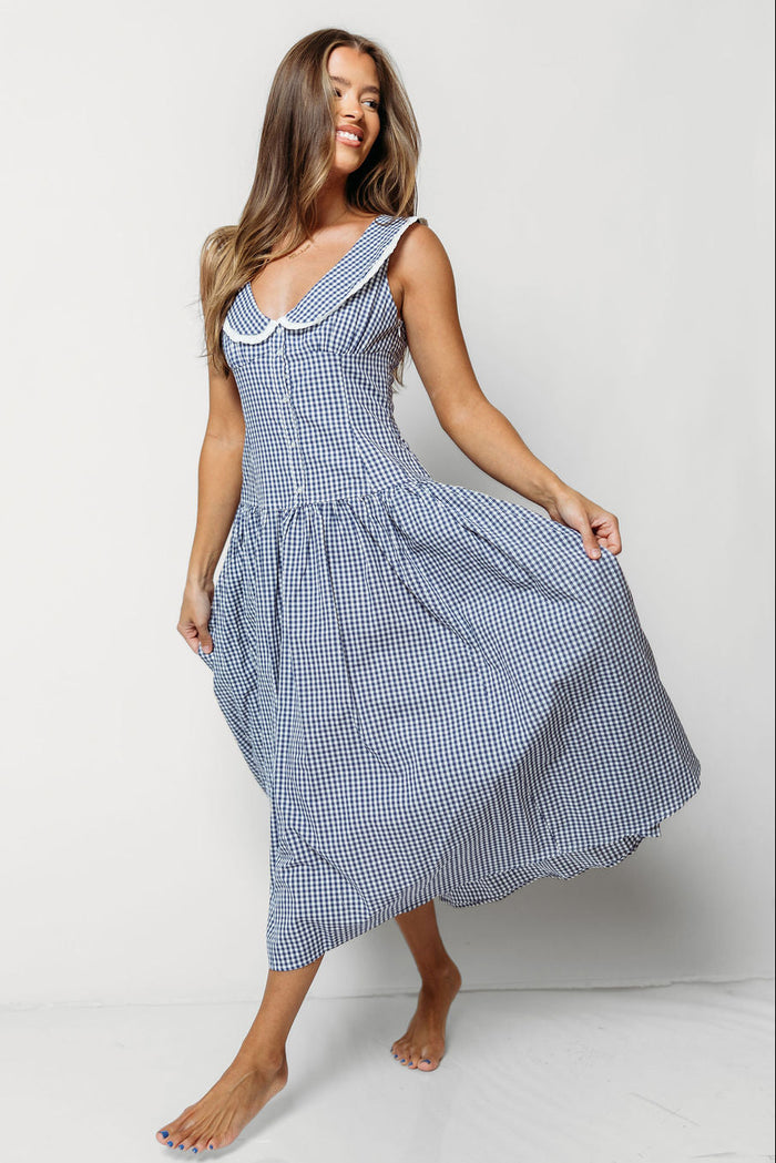 Noella 100% Cotton Midi Dress with Peter Pan Collar in Blue Gingham