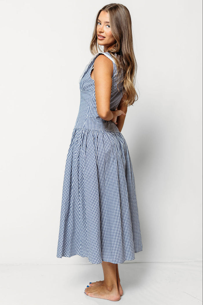 Noella 100% Cotton Midi Dress with Peter Pan Collar in Blue Gingham