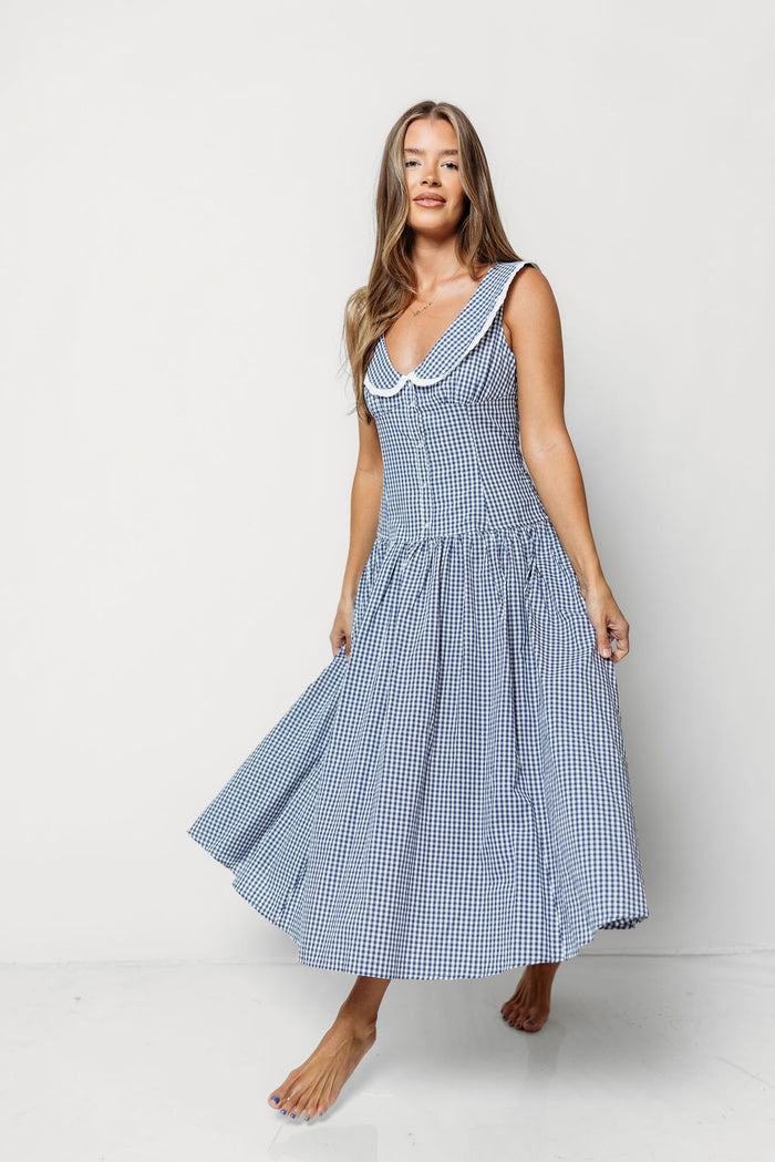 Noella 100% Cotton Midi Dress with Peter Pan Collar in Blue Gingham