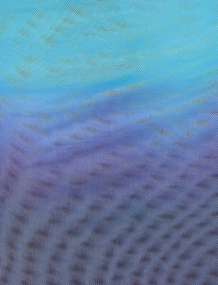 Introducing the NOELY SKIRT - MULTI : OMBRE : GRADIENT STRIPE by TIGERMIST, a mesmerizing piece featuring a gradient of blue hues at the top that blend into purples and dark blues toward the bottom. The pattern consists of small, tightly packed dots forming a repetitive, ripple-like texture across the entire skirt.