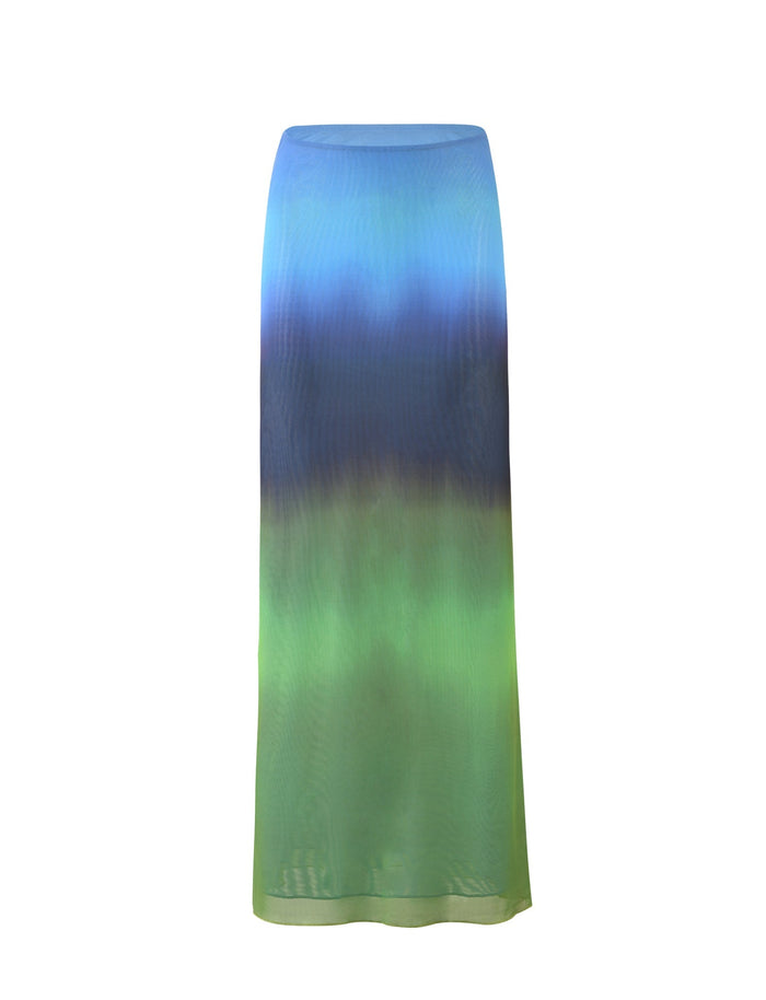 The NOELY SKIRT - MULTI : OMBRE : GRADIENT STRIPE by TIGERMIST is a long, high-waisted skirt that showcases a beautiful gradient design transitioning from blue at the top to green at the bottom. Its smooth and slightly sheer texture adds to its soft and flowing appearance.
