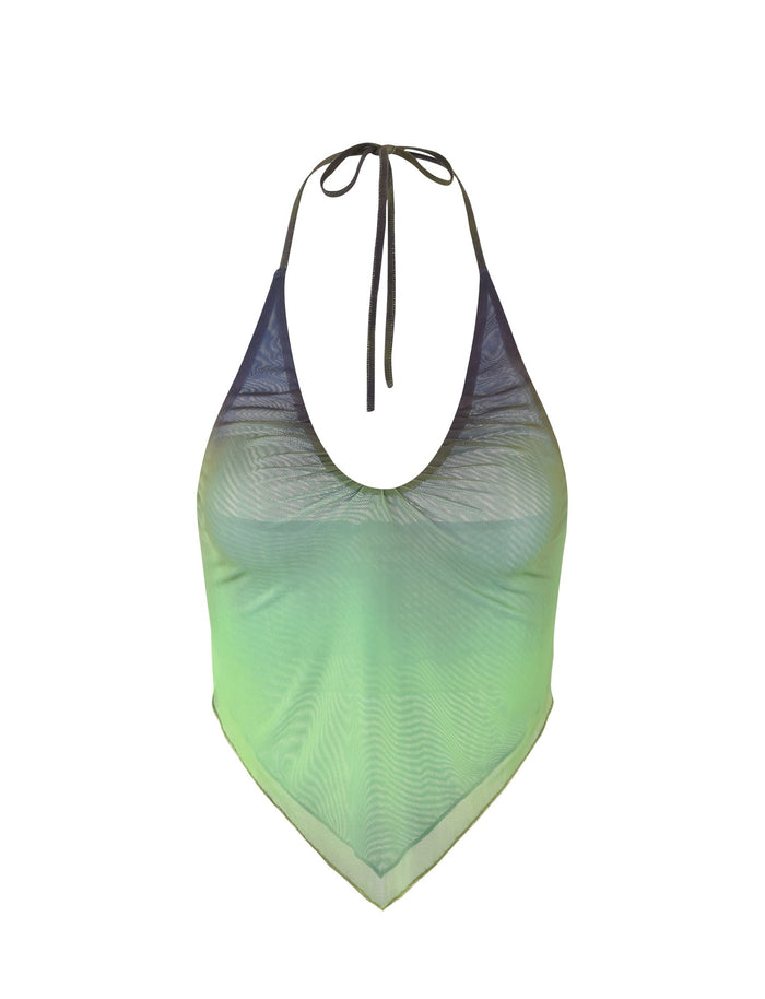 The NOELY TOP - MULTI : OMBRE : GRADIENT STRIPE from TIGERMIST is a gradient halter top featuring a tie-around neck. The colors transition from dark blue at the top to light green at the bottom, and the lightweight material is slightly sheer.