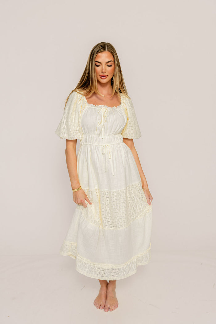 Noor Lace Tiered Midi Dress in Cream