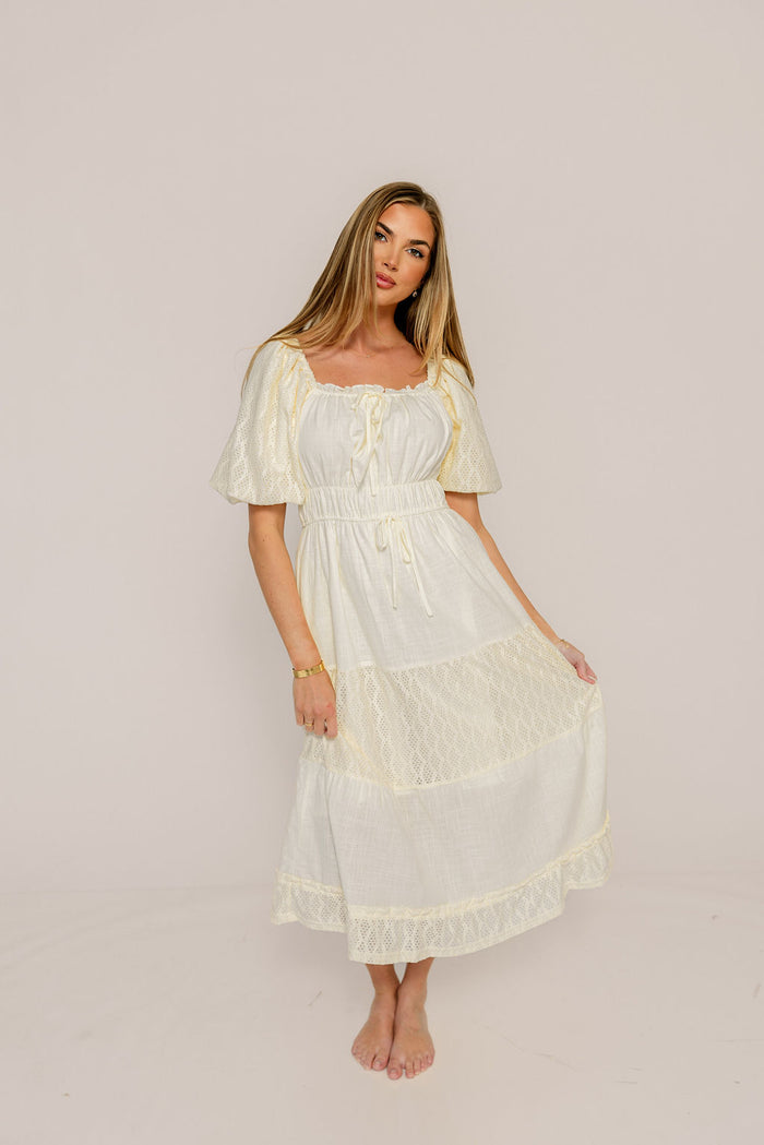 Noor Lace Tiered Midi Dress in Cream