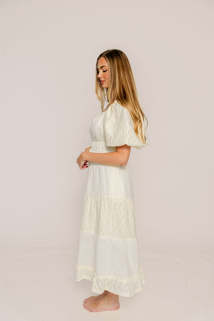 Noor Lace Tiered Midi Dress in Cream