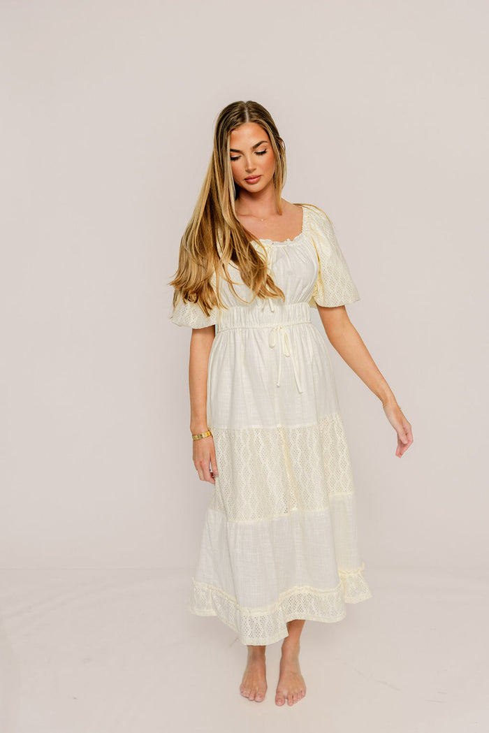 Noor Lace Tiered Midi Dress in Cream