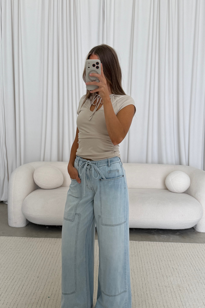 Nori Drawstring Utility Pocket Wide Leg Jean in Light