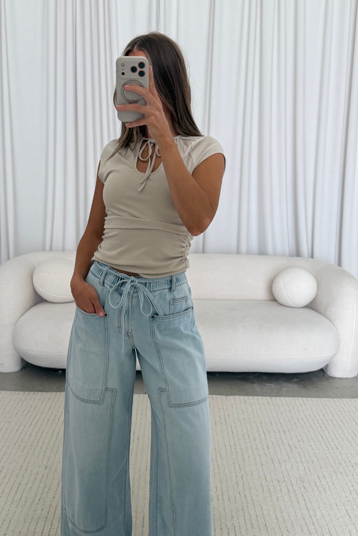 Nori Drawstring Utility Pocket Wide Leg Jean in Light