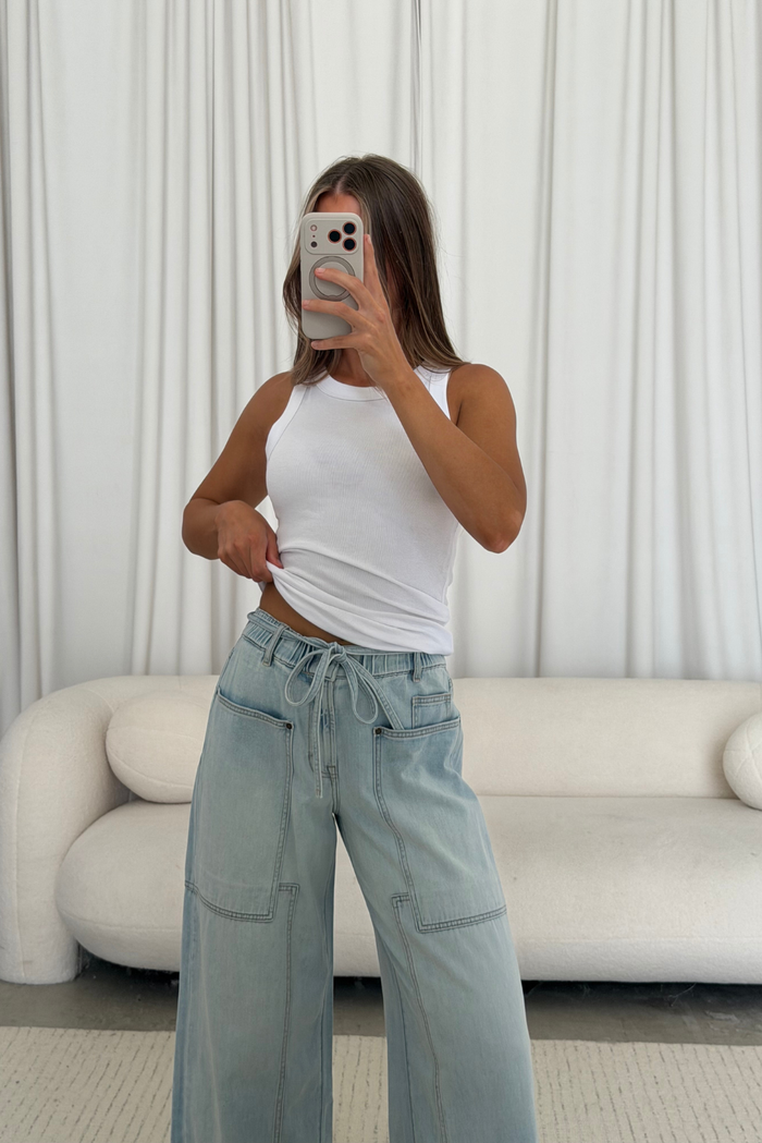 Nori Drawstring Utility Pocket Wide Leg Jean in Light