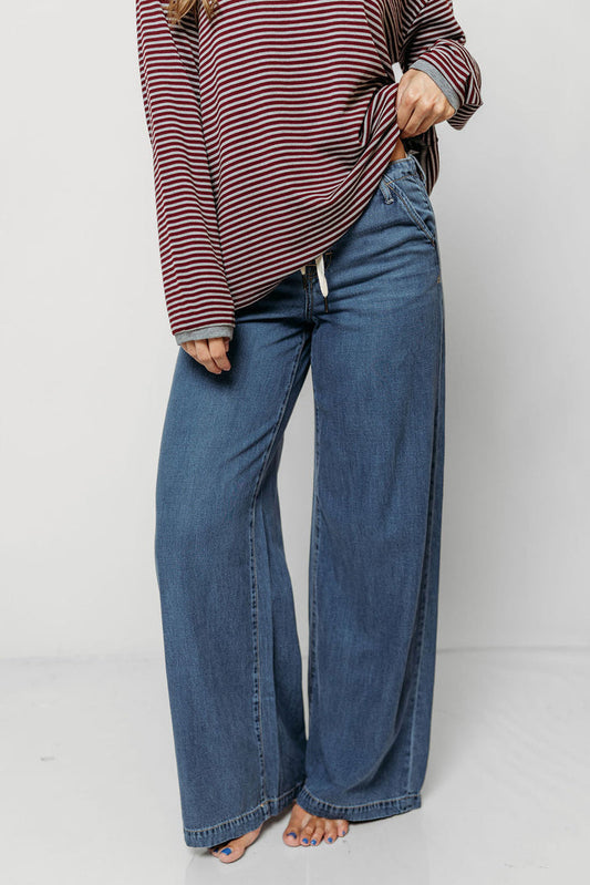 Nori Mid Rise Drawstring Wide Leg Soft Denim Pants in Medium Dark