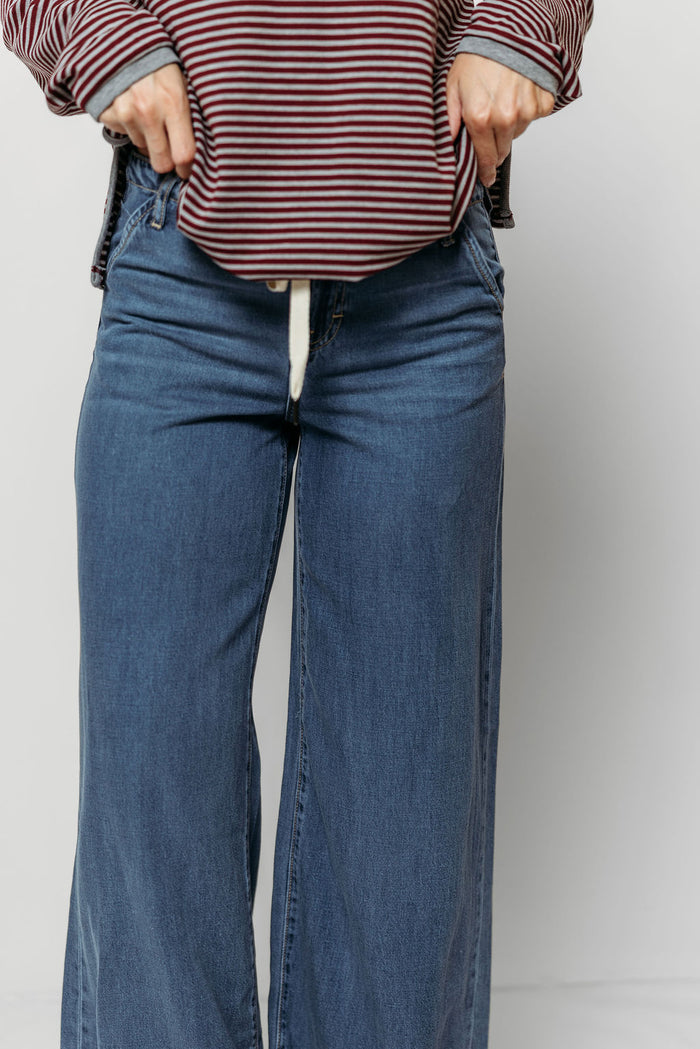 Nori Mid Rise Drawstring Wide Leg Soft Denim Pants in Medium Dark