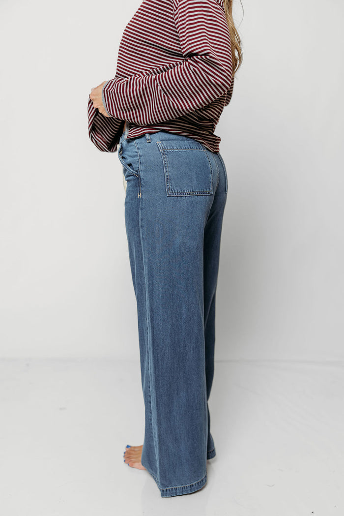 Nori Mid Rise Drawstring Wide Leg Soft Denim Pants in Medium Dark