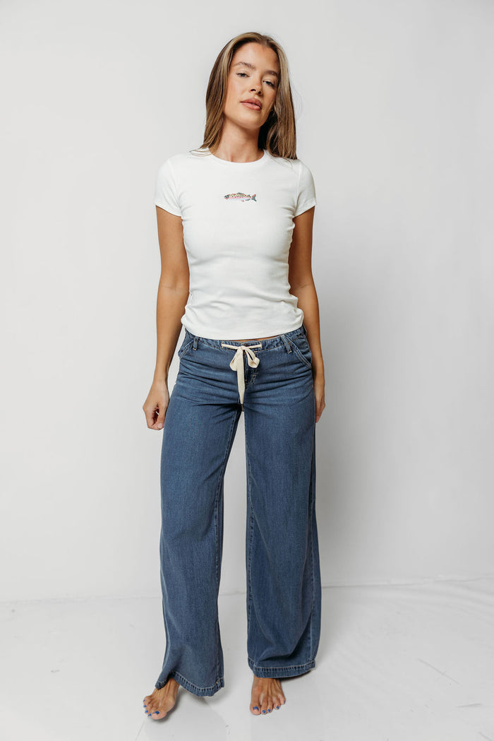 Nori Mid Rise Drawstring Wide Leg Soft Denim Pants in Medium Dark