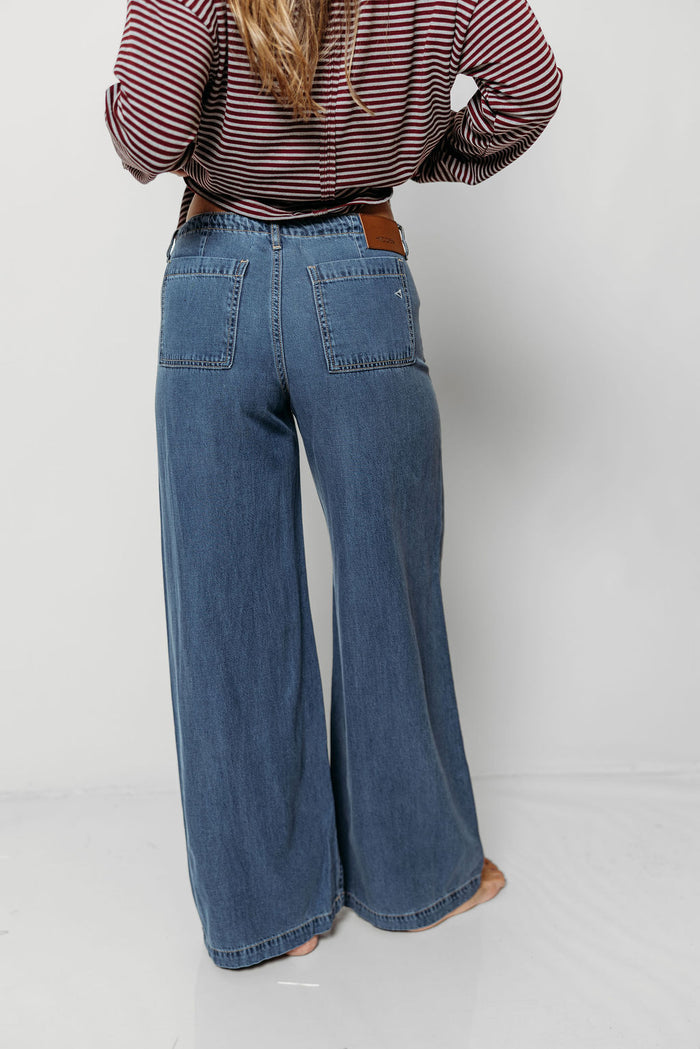 Nori Mid Rise Drawstring Wide Leg Soft Denim Pants in Medium Dark