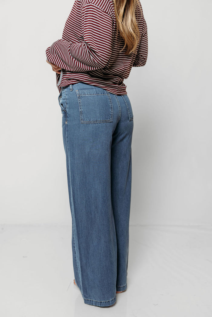 Nori Mid Rise Drawstring Wide Leg Soft Denim Pants in Medium Dark