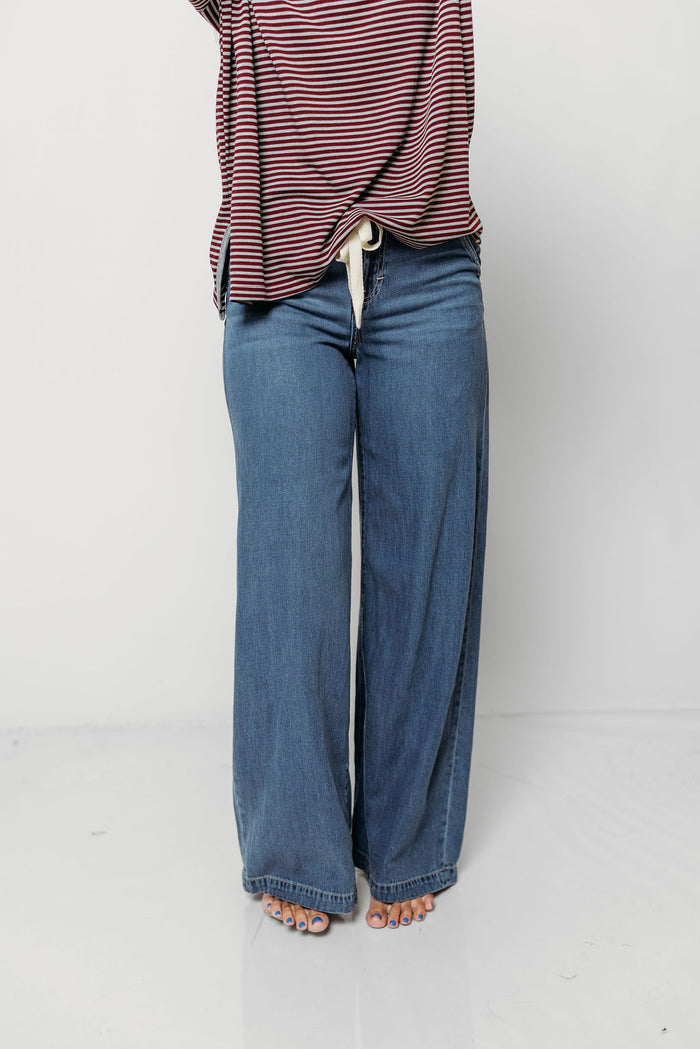 Nori Mid Rise Drawstring Wide Leg Soft Denim Pants in Medium Dark