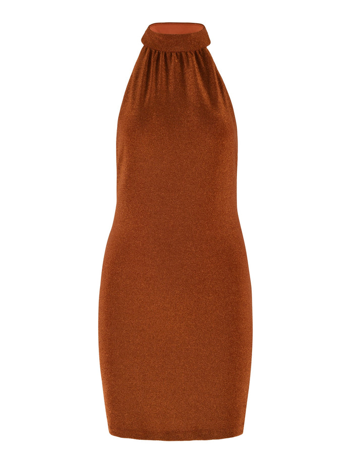 A sleeveless, knee-length orange dress from TIGERMIST called the NOVAK DRESS, featuring a halter neckline and a slightly gathered bodice. The dress has a smooth, slightly shimmery texture reminiscent of shimmer knit fabric.