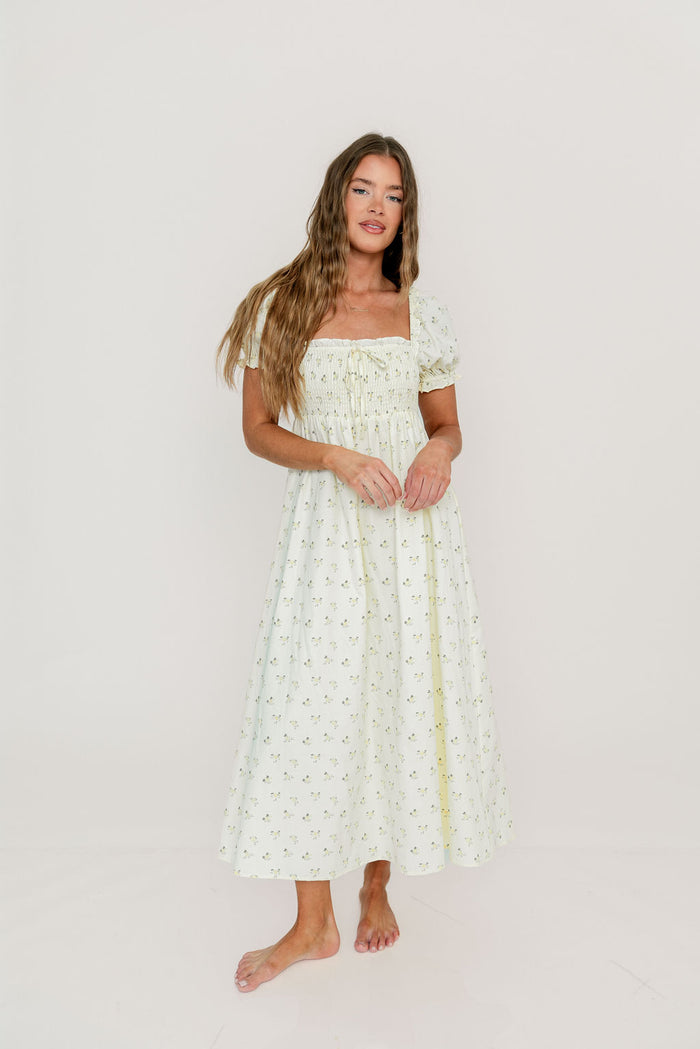 Nya 100% Cotton Midi Dress in Cream/Green Floral