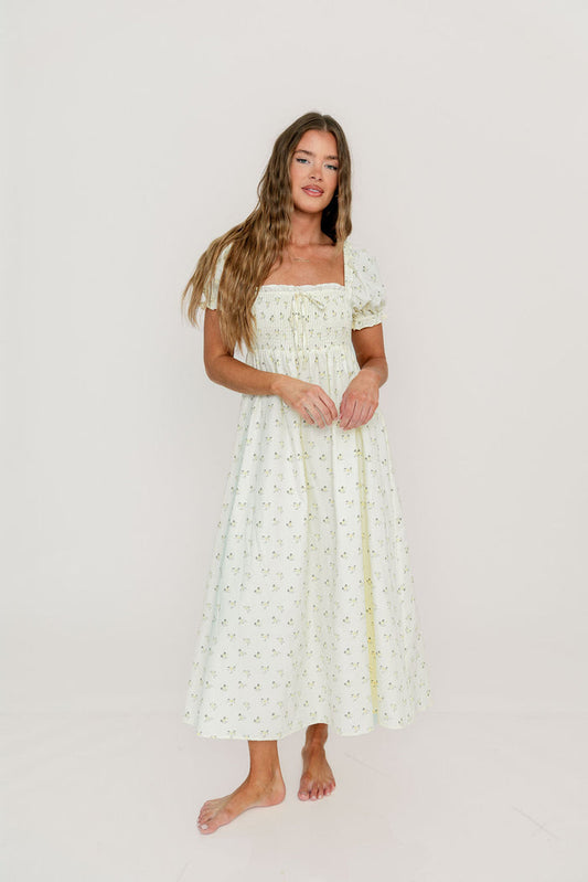 Nya 100% Cotton Midi Dress in Cream/Green Floral