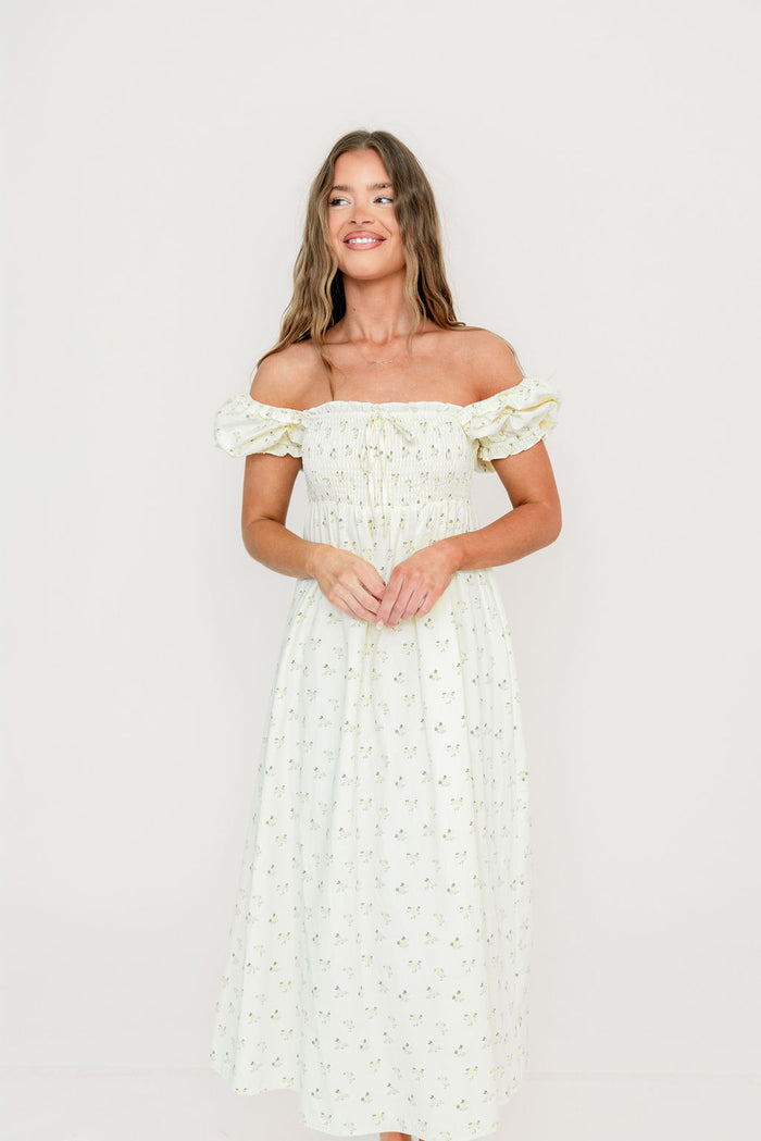 Nya 100% Cotton Midi Dress in Cream/Green Floral
