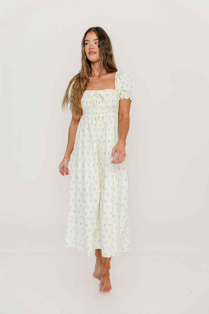 Nya 100% Cotton Midi Dress in Cream/Green Floral