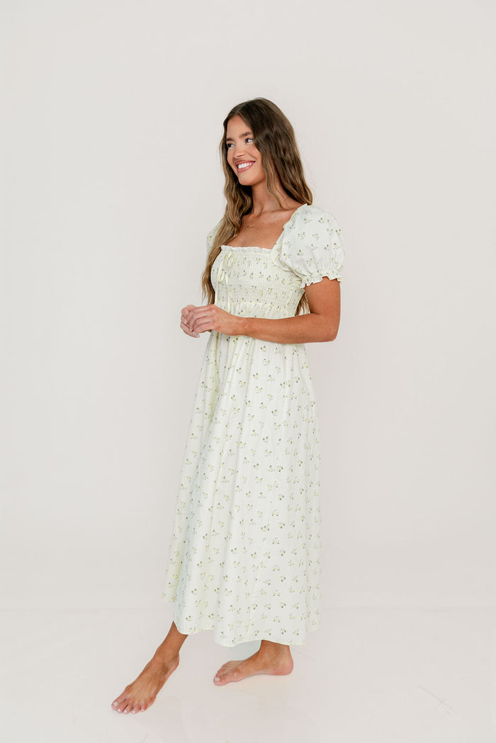 Nya 100% Cotton Midi Dress in Cream/Green Floral