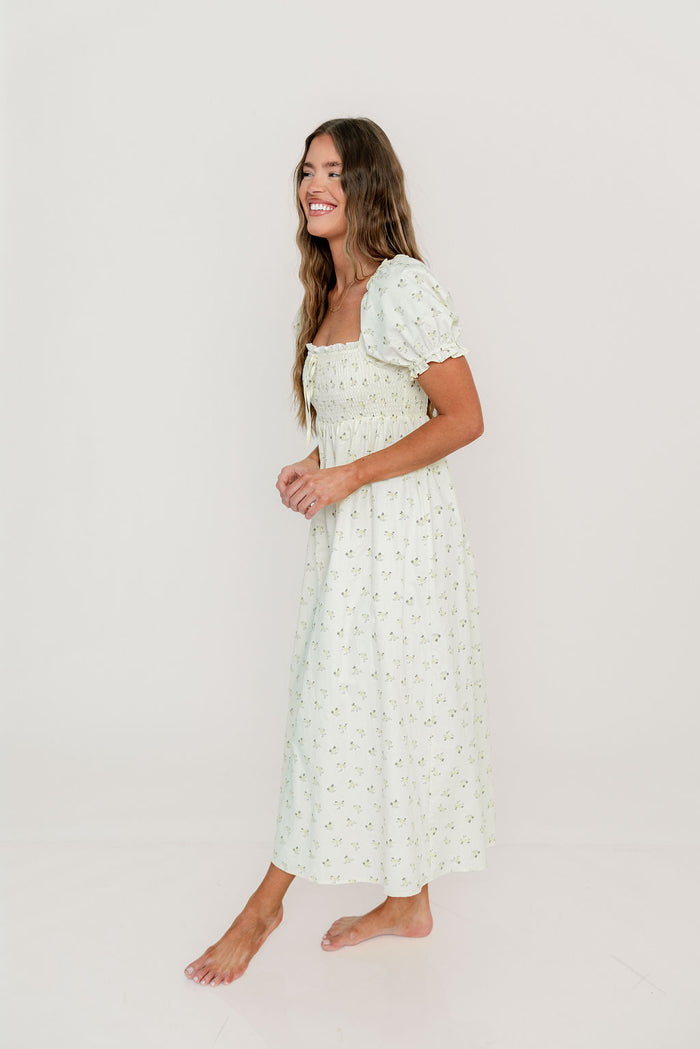 Nya 100% Cotton Midi Dress in Cream/Green Floral