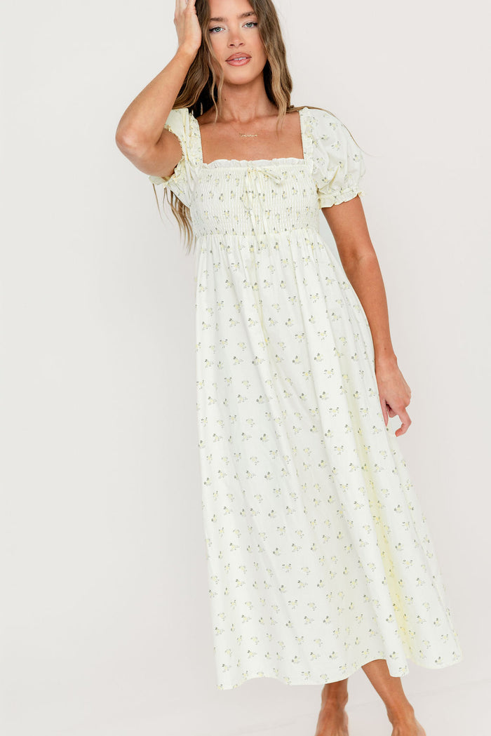 Nya 100% Cotton Midi Dress in Cream/Green Floral