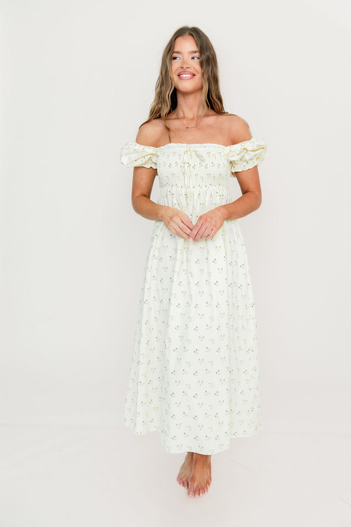 Nya 100% Cotton Midi Dress in Cream/Green Floral