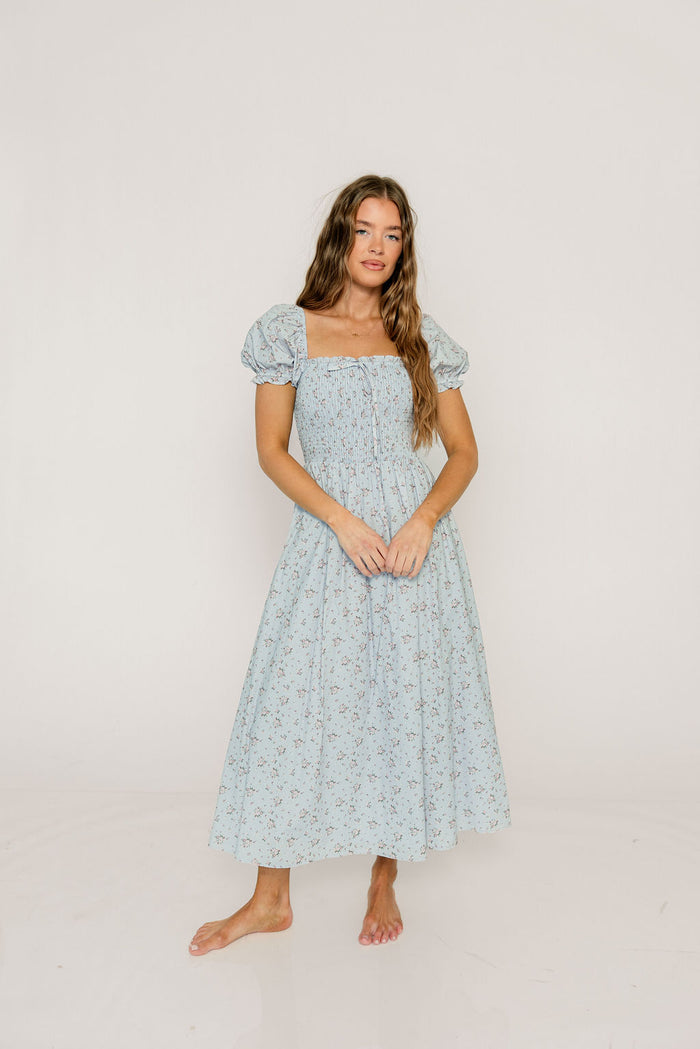 Nya 100% Cotton Smocked Midi Dress in Blue Multi Floral