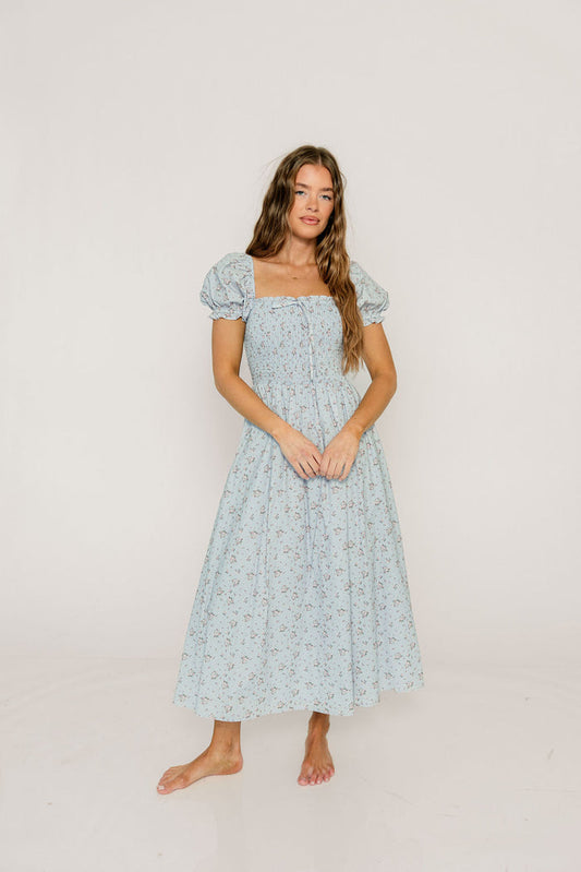 Nya 100% Cotton Smocked Midi Dress in Blue Multi Floral