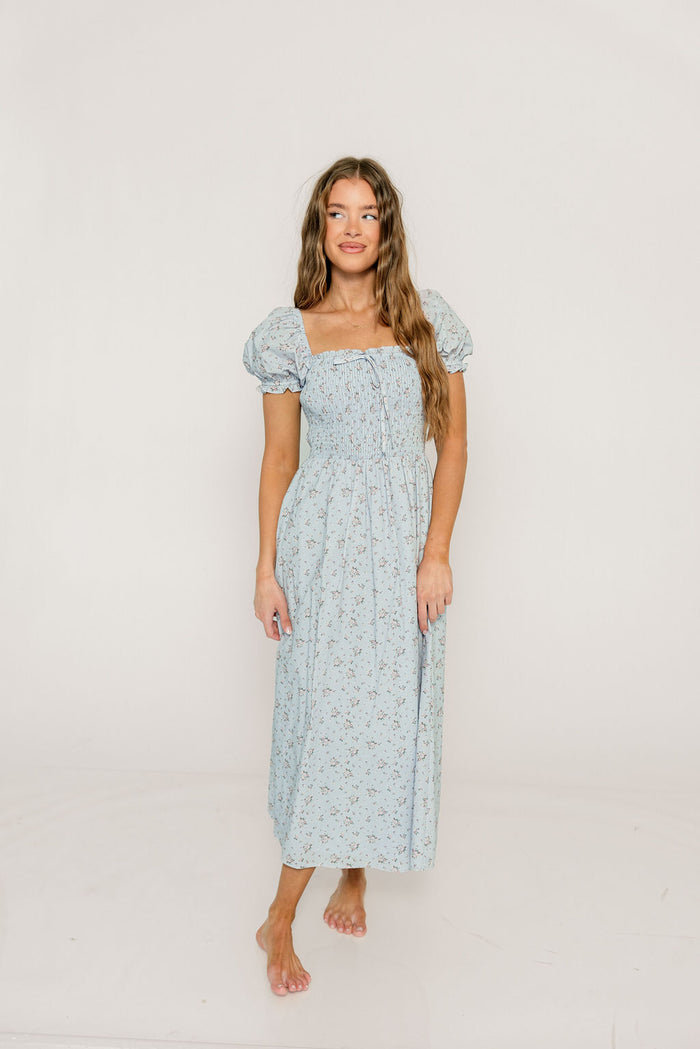 Nya 100% Cotton Smocked Midi Dress in Blue Multi Floral