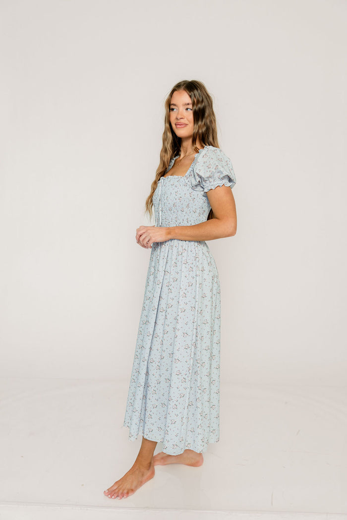 Nya 100% Cotton Smocked Midi Dress in Blue Multi Floral