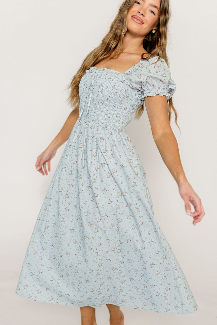 Nya 100% Cotton Smocked Midi Dress in Blue Multi Floral