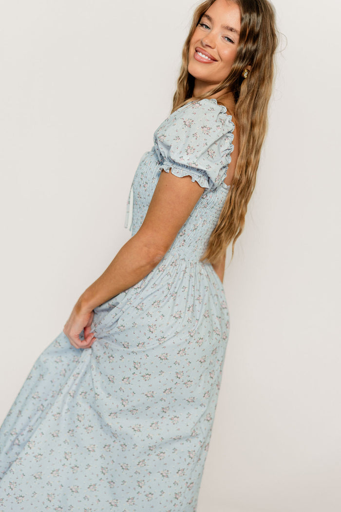 Nya 100% Cotton Smocked Midi Dress in Blue Multi Floral
