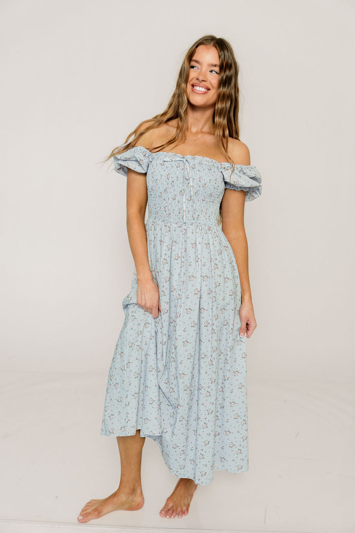 Nya 100% Cotton Smocked Midi Dress in Blue Multi Floral