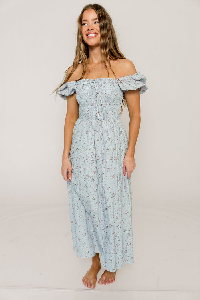 Nya 100% Cotton Smocked Midi Dress in Blue Multi Floral