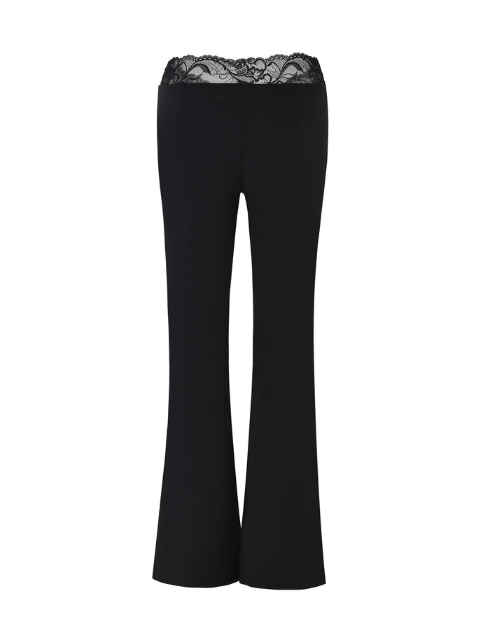 The NYOMI PANT - BLACK by TIGERMIST features black, high-waisted flares made from a high-stretch fabric, with delicate lace trimming at the waistband, showcased against a plain white background.