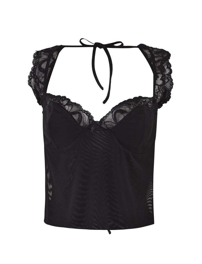 Introducing the NYOMI TOP - BLACK by TIGERMIST: This elegant sleeveless top boasts intricate lace detailing on the shoulders and neckline. It features a charming bow tie at the neck, structured cups, and a sheer lace panel to enhance its feminine allure.