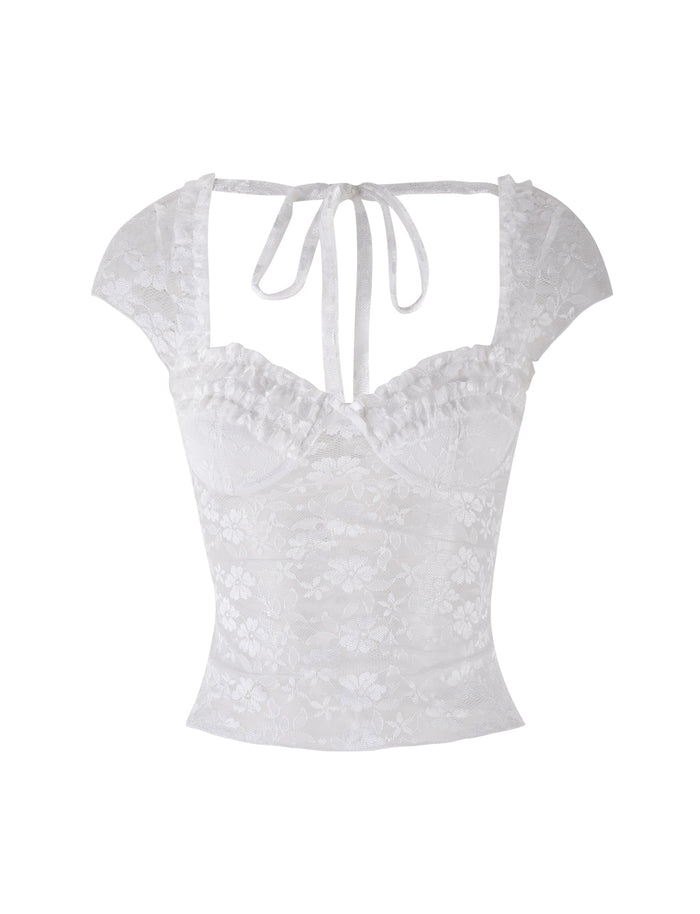 The NYRA TOP - WHITE by TIGERMIST features white semi-sheer floral lace, cap sleeves, a ruffled square neckline, and a tie closure at the back for a delicate, feminine look.